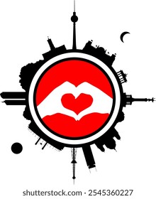 Skyline Berlin in round vector sphere with sights of the city and a heart in the center - Love