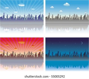 Skyline of a big riverside city reflected on the water at sunrise, midday, sundown and night lights.