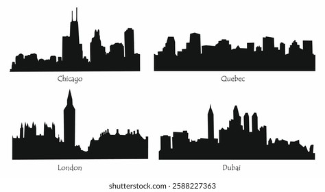 Skyline black sikhouettes if different cities, London, Dubai, Chicago, Quebec. Travel and tourism concept. Flat vector illustration isolated on white background