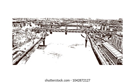 Skyline with bridge view of Newcastle upon Tyne, City in England. Hand drawn sketch illustration in vector.