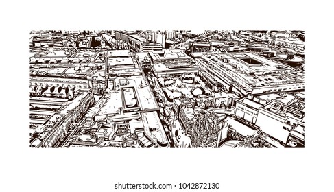 Skyline with bridge view of Newcastle upon Tyne, City in England. Hand drawn sketch illustration in vector.