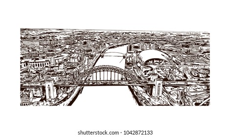 Skyline with bridge view of Newcastle upon Tyne, City in England. Hand drawn sketch illustration in vector.