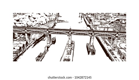 Skyline with bridge view of Newcastle upon Tyne, City in England. Hand drawn sketch illustration in vector.