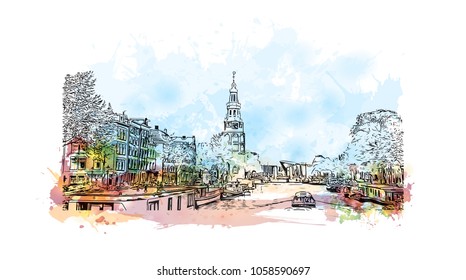 Skyline with building view and landmark of Amsterdam Capital of the Netherlands. Watercolor splash with hand drawn sketch illustration in vector.