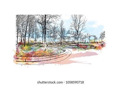 Skyline with building view and landmark of Amsterdam Capital of the Netherlands. Watercolor splash with hand drawn sketch illustration in vector.