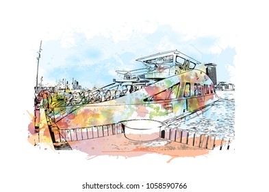 Skyline with building view and landmark of Amsterdam Capital of the Netherlands. Watercolor splash with hand drawn sketch illustration in vector.