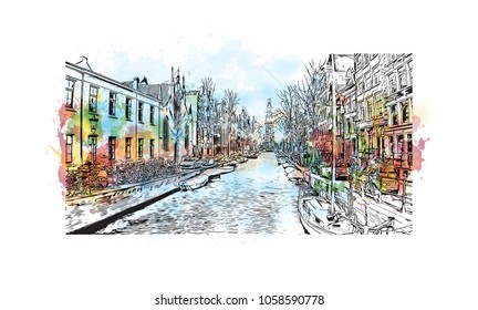 Skyline with building view and landmark of Amsterdam Capital of the Netherlands. Watercolor splash with hand drawn sketch illustration in vector.