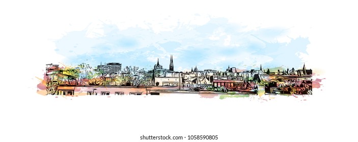 Skyline with building view and landmark of Amsterdam Capital of the Netherlands. Watercolor splash with hand drawn sketch illustration in vector.