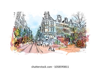 Skyline with building view and landmark of Amsterdam Capital of the Netherlands. Watercolor splash with hand drawn sketch illustration in vector.