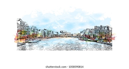 Skyline with building view and landmark of Amsterdam Capital of the Netherlands. Watercolor splash with hand drawn sketch illustration in vector.