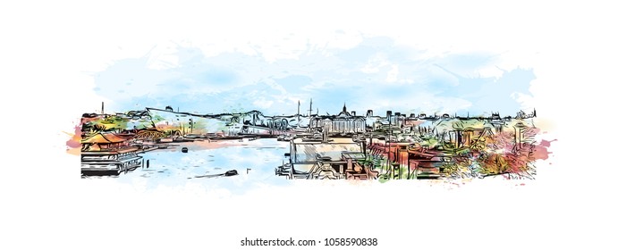 Skyline with building view and landmark of Amsterdam Capital of the Netherlands. Watercolor splash with hand drawn sketch illustration in vector.