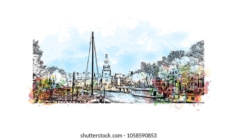 Skyline with building view and landmark of Amsterdam Capital of the Netherlands. Watercolor splash with hand drawn sketch illustration in vector.