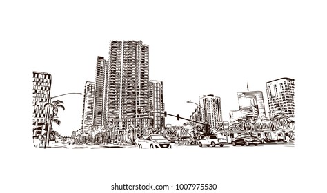 Skyline with building view of San Diego City in California, USA. Hand drawn sketch illustration in vector.