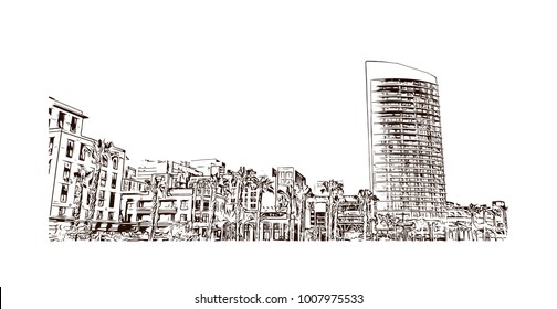 Skyline with building view of San Diego City in California, USA. Hand drawn sketch illustration in vector.