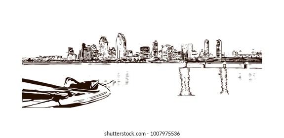 Skyline with building view of San Diego City in California, USA. Hand drawn sketch illustration in vector.