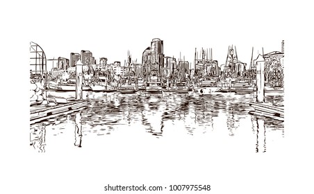 Skyline with building view of San Diego City in California, USA. Hand drawn sketch illustration in vector.