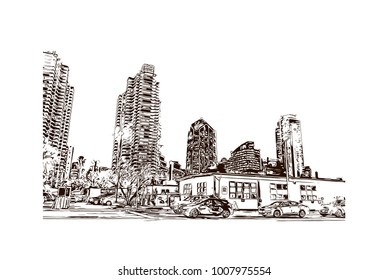 Skyline with building view of San Diego City in California, USA. Hand drawn sketch illustration in vector.
