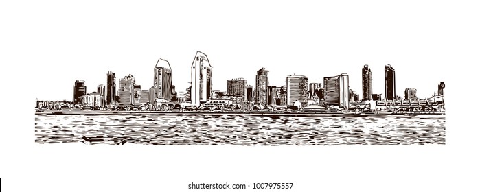 Skyline with building view of San Diego City in California, USA. Hand drawn sketch illustration in vector.