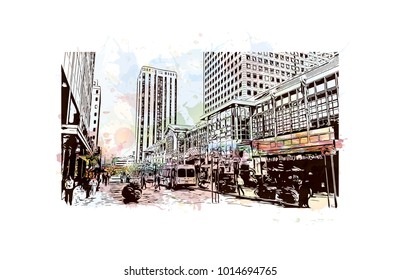 Skyline and building view with street of Denver, City in Colorado. Watercolor splash with Hand drawn sketch illustration in vector.