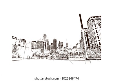 Skyline with Buildings and main attraction of Minneapolis City in Minnesota, USA. Hand drawn sketch illustration in vector.