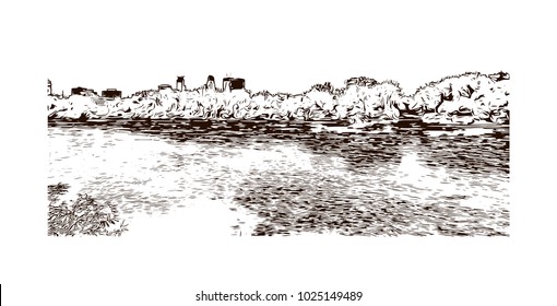 Skyline with Buildings and main attraction of Minneapolis City in Minnesota, USA. Hand drawn sketch illustration in vector.