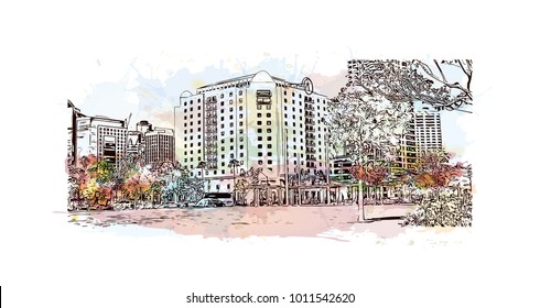 Skyline and buildings view of San Diego, City in California, USA. Watercolor splash with hand drawn sketch illustration in vector.