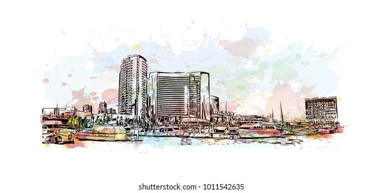 Skyline and buildings view of San Diego, City in California, USA. Watercolor splash with hand drawn sketch illustration in vector.