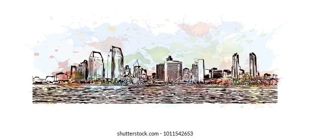 Skyline and buildings view of San Diego, City in California, USA. Watercolor splash with hand drawn sketch illustration in vector.