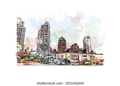 Skyline and buildings view of San Diego, City in California, USA. Watercolor splash with hand drawn sketch illustration in vector.