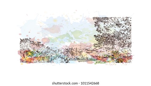 Skyline and buildings view of San Diego, City in California, USA. Watercolor splash with hand drawn sketch illustration in vector.