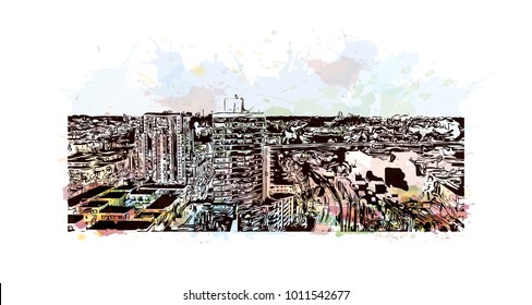 Skyline and buildings view of San Diego, City in California, USA. Watercolor splash with hand drawn sketch illustration in vector.