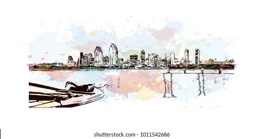 Skyline and buildings view of San Diego, City in California, USA. Watercolor splash with hand drawn sketch illustration in vector.