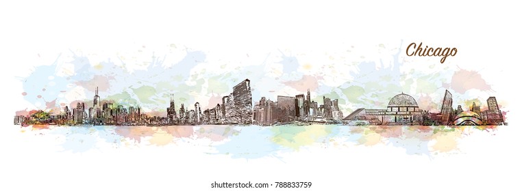 Skyline of Chicago. Watercolor splash with sketch in vector illustration.