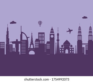 skyline city airplane air balloon architecture urban scene silhouette vector illustration