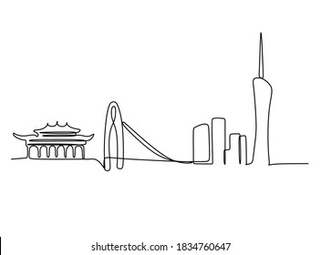 Skyline of a city with bridge and towers- Continuous one line drawing. Vector illustration