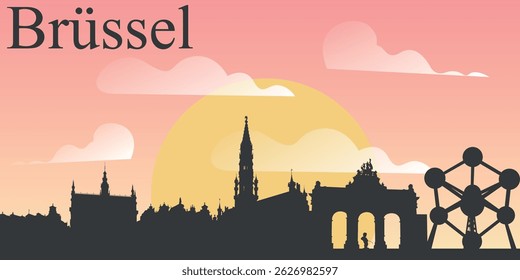 The skyline of the city of Brussels, Belgium on the background of the big yellow sunset on the pink sky with clouds.