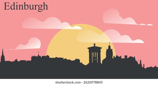 The skyline of the city of Edinburgh, Scotland on the background of the big yellow sunset on the pink sky with clouds.


