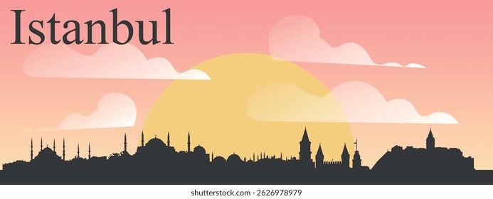 The skyline of the city of Istanbul, Turkey on the background of the big yellow sunset on the pink sky with clouds.