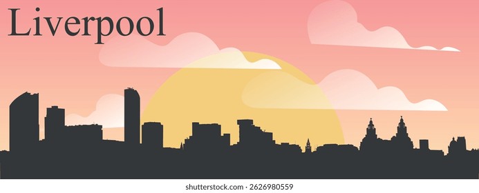 The skyline of the city of Liverpool, England on the background of the big yellow sunset on the pink sky with clouds.