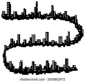 Skyline city long snaking shape silhouette outline black, vector illustration, horizontal, over white, isolated
