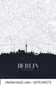 Skyline and city map of Berlin, detailed urban plan vector print poster