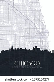 Skyline and city map of Chicago, detailed urban plan vector print poster