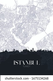 Skyline and city map of Istanbul, detailed urban plan vector print poster