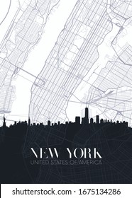 Skyline and city map of New York, detailed urban plan vector print poster