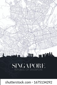 Skyline and city map of Singapore, detailed urban plan vector print poster