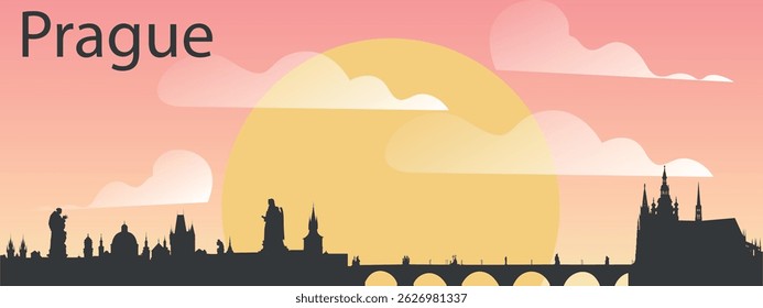 O horizonte da cidade de Praga, República Checa, no fundo do grande pôr do sol amarelo no céu rosa com nuvens.