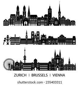 Skyline city set (Zurich, Brussels, Vienna). Vector illustration