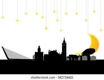 skyline of the city of Seville in Spain at night