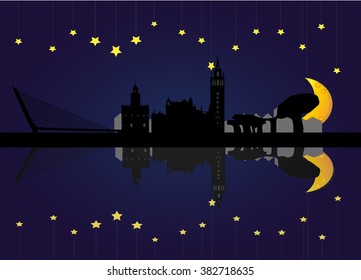 skyline of the city of Seville in Spain at night