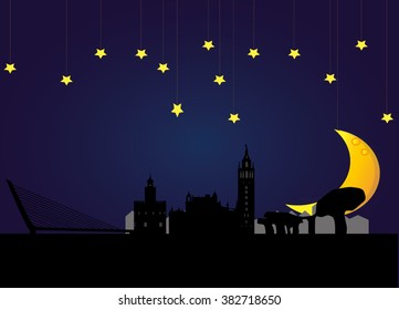 skyline of the city of Seville in Spain at night